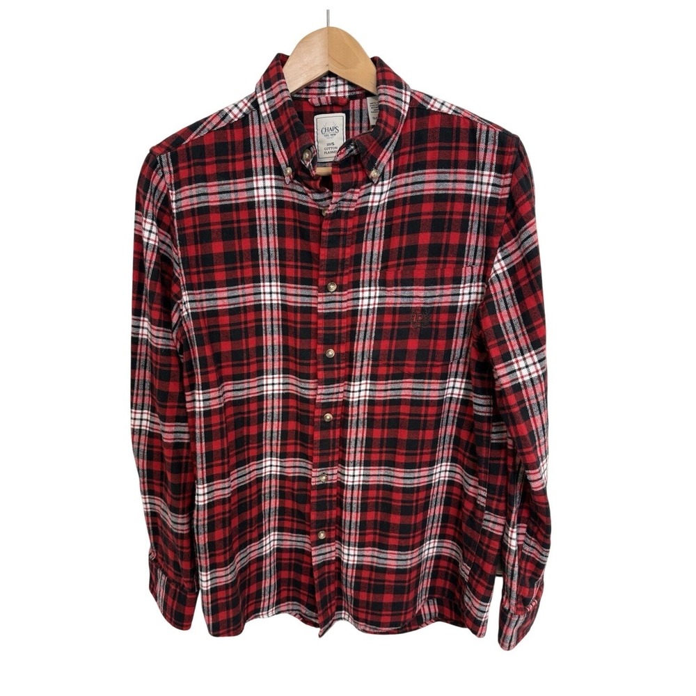 Chaps‎ Flannel Button Up Shirt Mens Size Small White Red Plaid Cotton